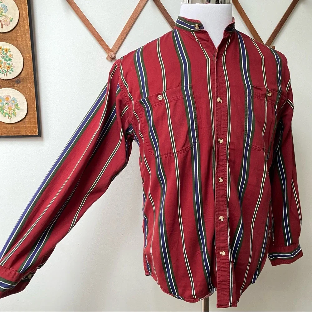 🍄 5/$30 Vintage Striped Mandarin Shirt - Picture 3 of 13